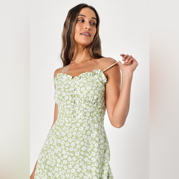 NEW Lulu’s x Lush Timeless Touch Green Floral Print A-Line Midi Dress - Picture 2 of 12